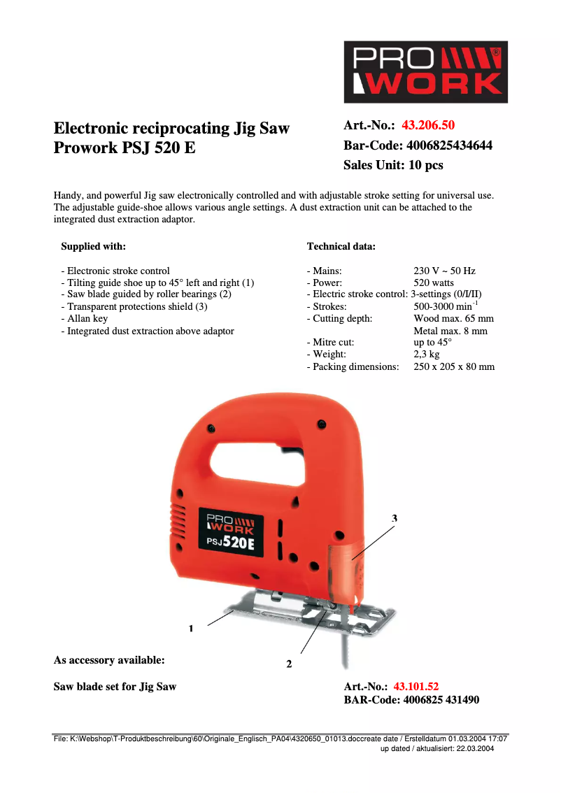 Página 1 del manual Ficha técnica Prowork PSJ 520 E