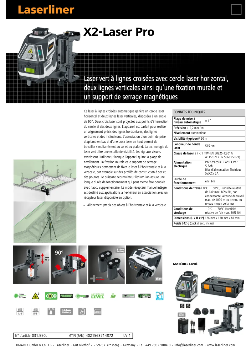 Página 1 del manual Ficha técnica Laserliner X2-Laser Pro