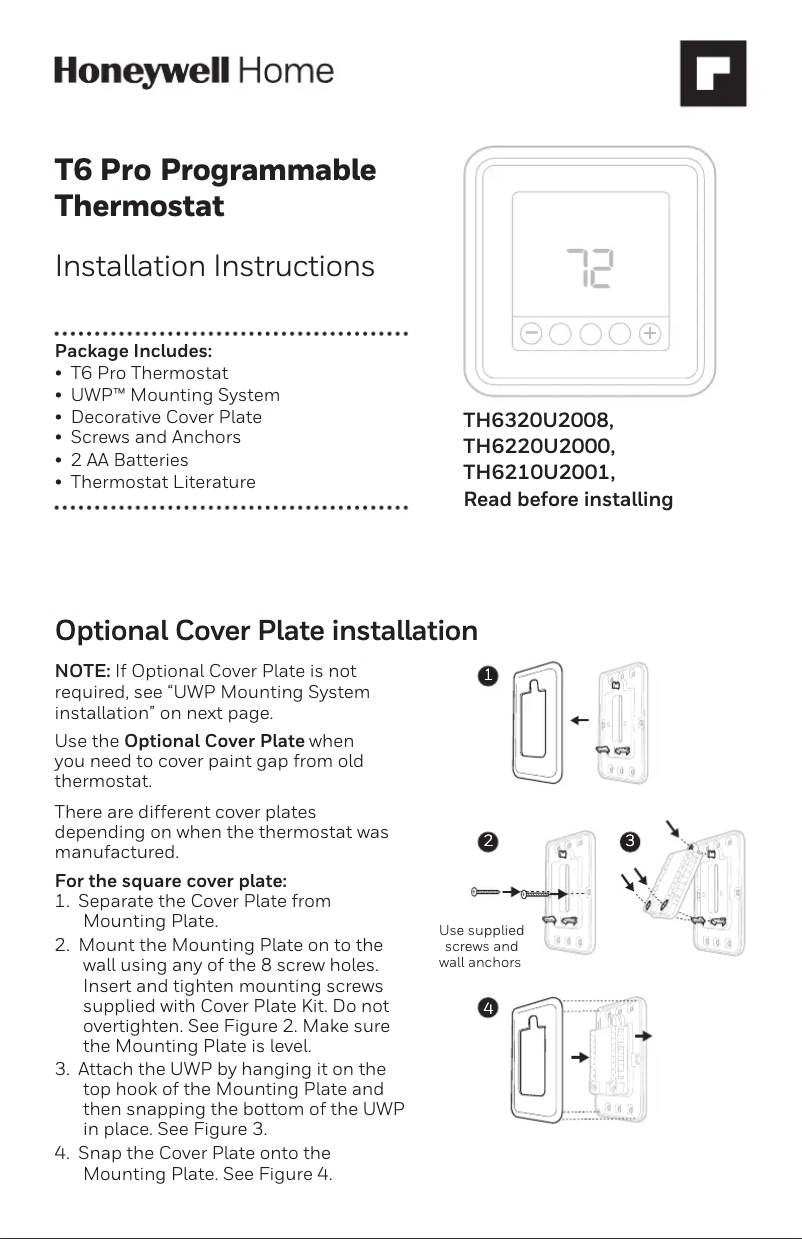 Página 1 del manual Guía de instalación Honeywell TH6320U2008/U