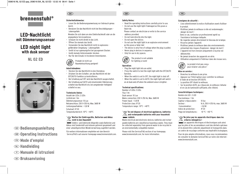 Página 1 del manual Manual de usuario Brennenstuhl NL 02 ED