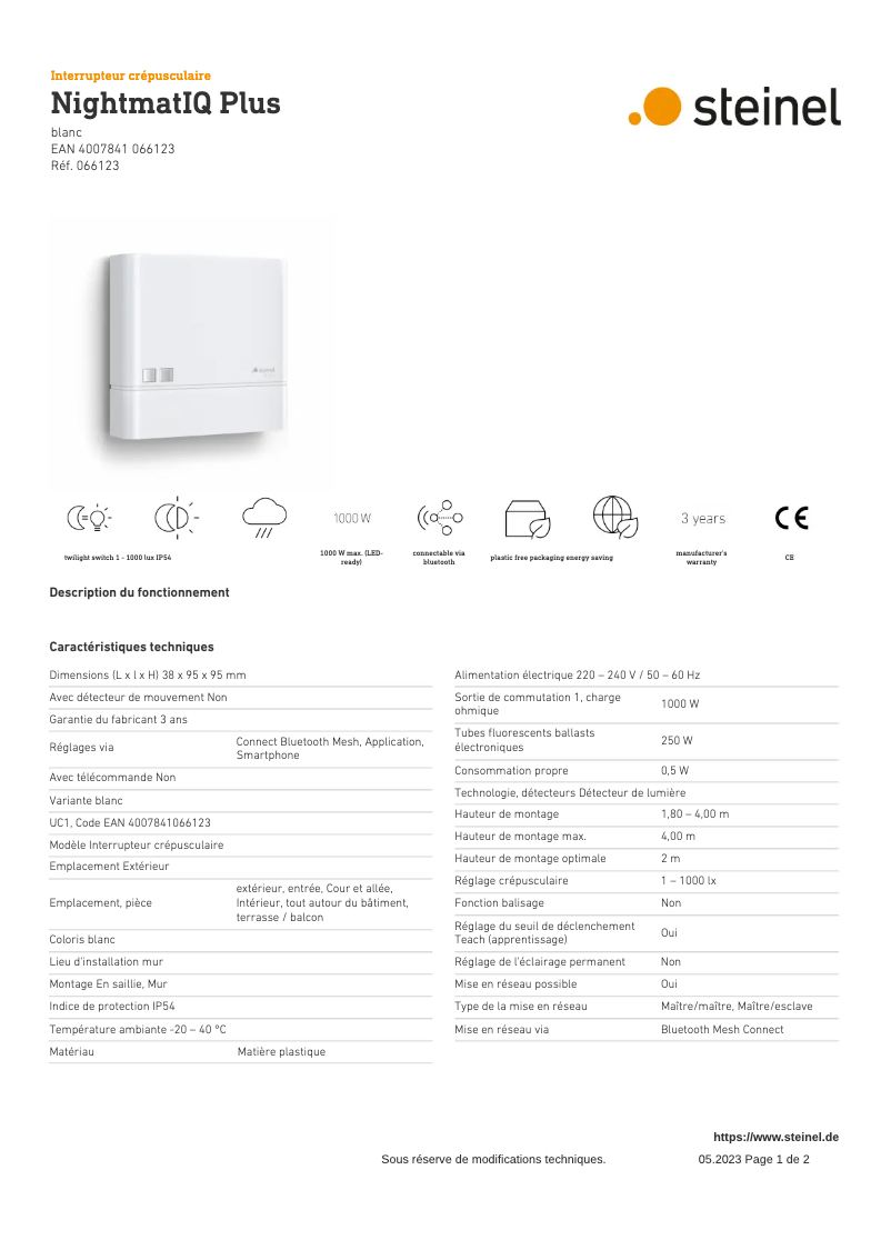 Página 1 del manual Ficha técnica Steinel NightmatIQ Plus