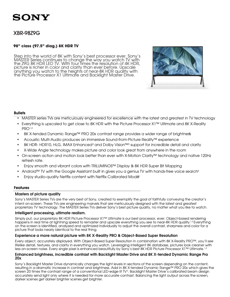 Imagen de la primera página del manual del dispositivo XBR-98Z9G