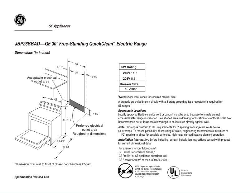 Imagen de la primera página del manual del dispositivo Spectra JBP26BBAD