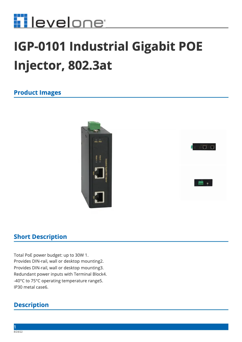 Página 1 del manual Ficha técnica LevelOne IGP-0101