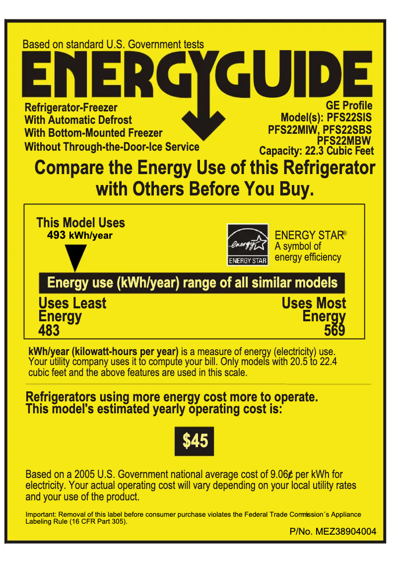 Página 1 del manual Etiqueta energética GE PFS22MIWBB