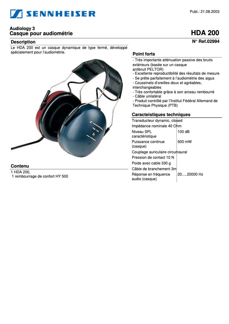 Página 1 del manual Ficha técnica Sennheiser HDA 200