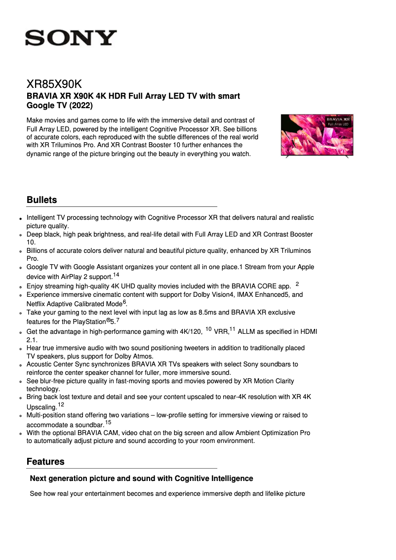 Imagen de la primera página del manual del dispositivo XR-85X90K