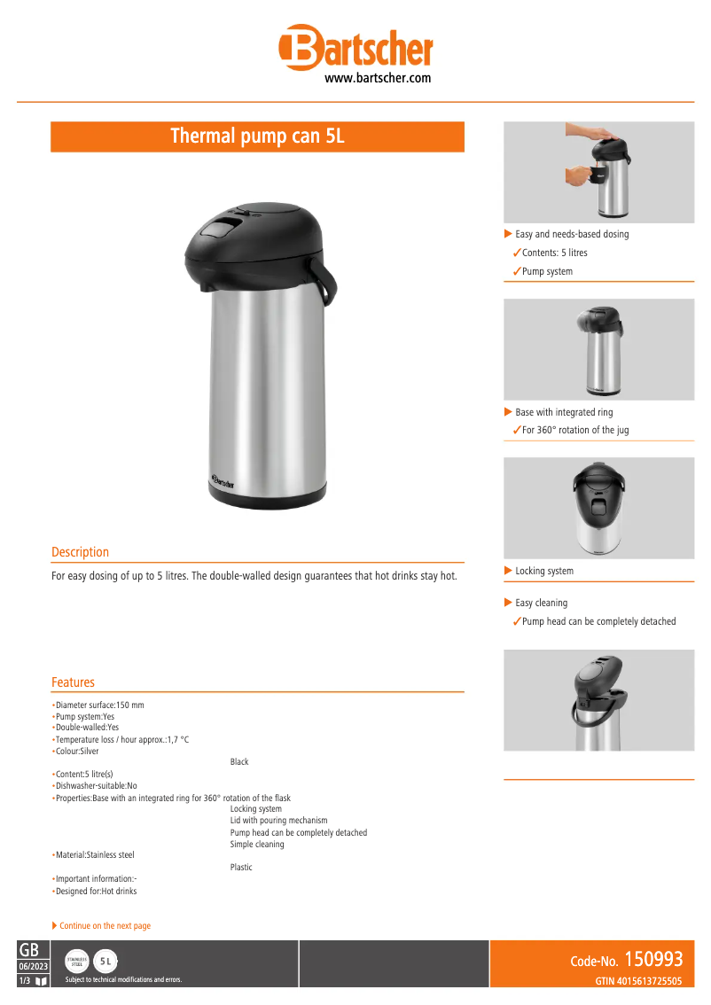 Página 1 del manual Ficha técnica Bartscher 150993