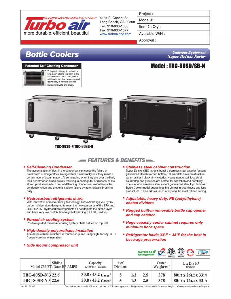 Página 1 del manual Ficha técnica Turbo air TBC-80SB