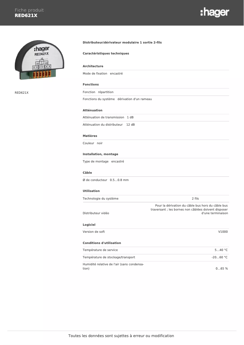 Página 1 del manual Ficha técnica Hager RED621X