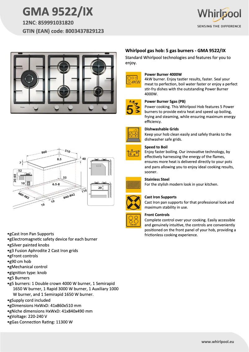Página 1 del manual Ficha técnica Whirlpool GMA 9522/IX