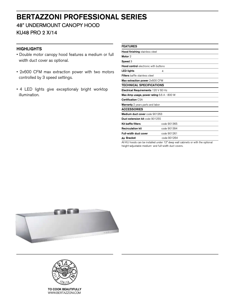 Página nº 1 - Ficha técnica Bertazzoni KU48PRO2X14