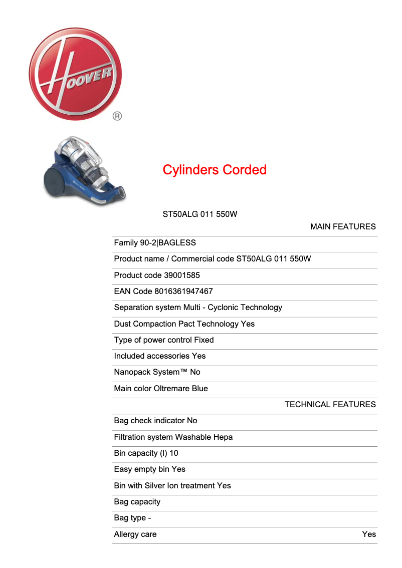Página 1 del manual Ficha técnica Hoover Synthesis ST50ALG 011
