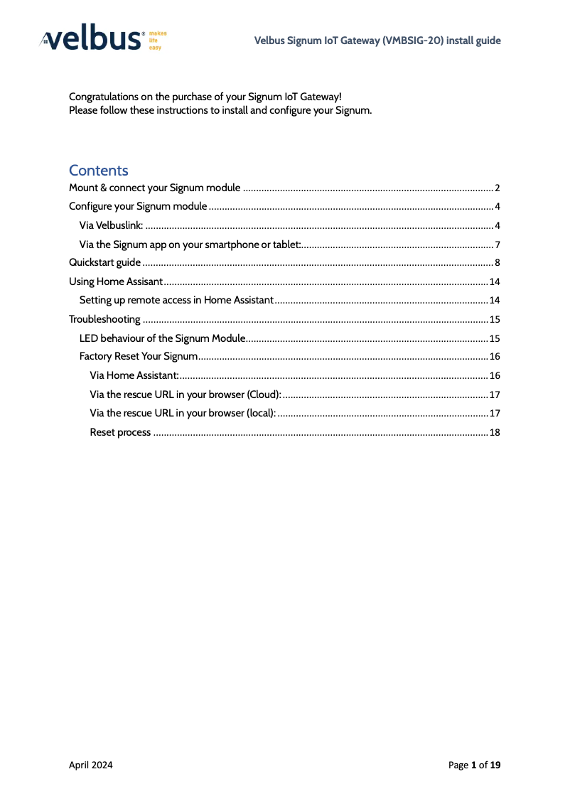 Página 1 del manual Guía de instalación Velbus VMBSIG-20