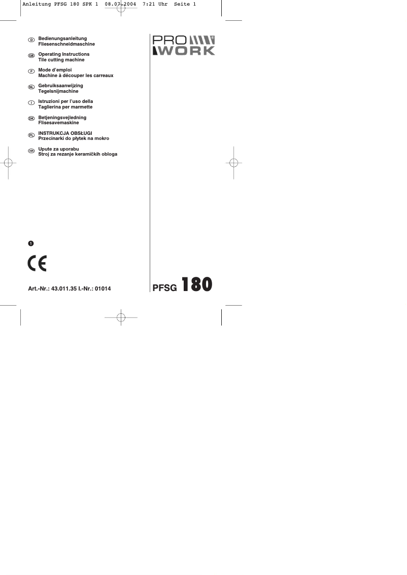 Página 1 del manual Manual de usuario Prowork PFSG 180