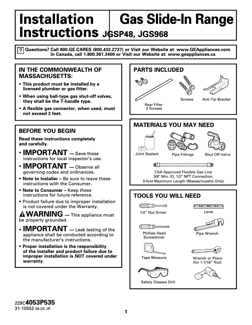 Imagen de la primera página del manual del dispositivo Profile JGSP48CHCC