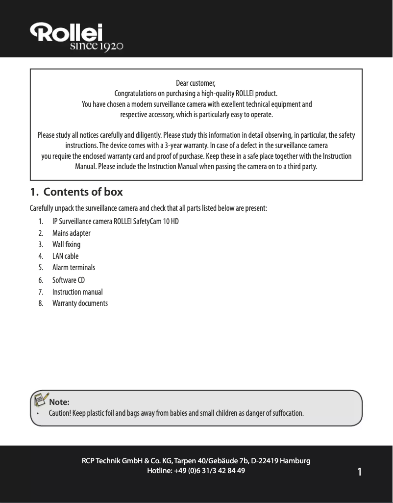 Imagen de la primera página del manual del dispositivo SafetyCam 10 HD