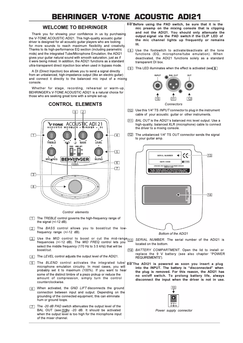 Imagen de la primera página del manual del dispositivo V-Tone Acoustic ADI21