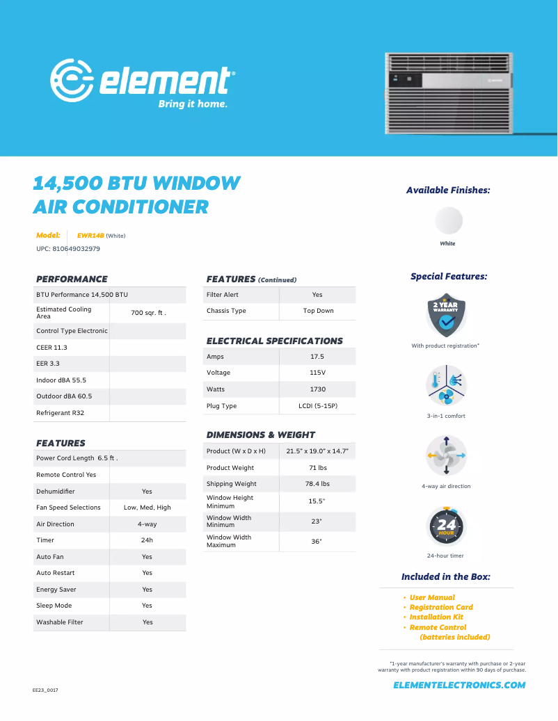 Página 1 del manual Ficha técnica Element EWR14B