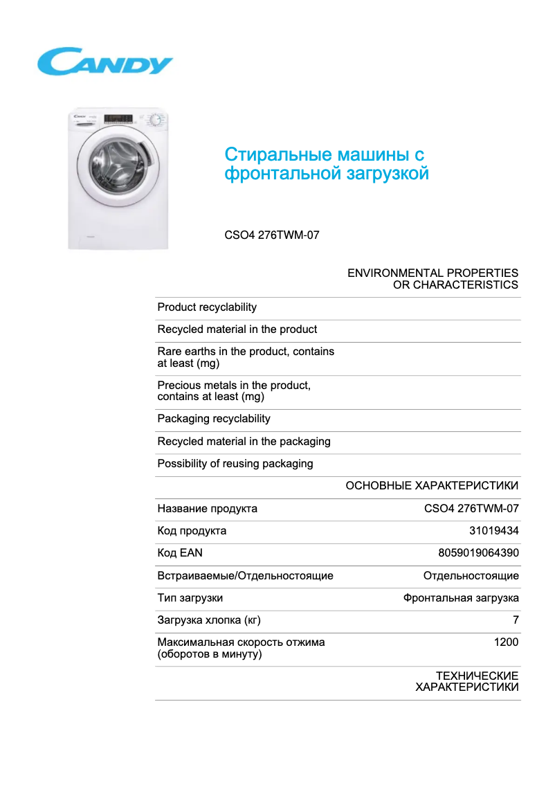 Página 1 del manual Ficha técnica Candy CSO4 276TWM-07