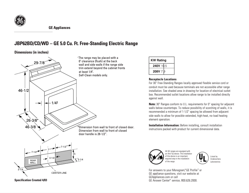Página 1 del manual Ficha técnica GE JBP62BDWH