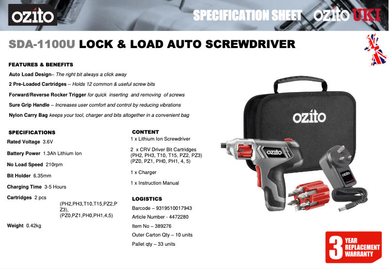 Página 1 del manual Ficha técnica Ozito SDA-1100U