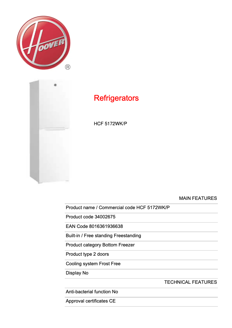 Página 1 del manual Ficha técnica Hoover HCF 5172WK/P