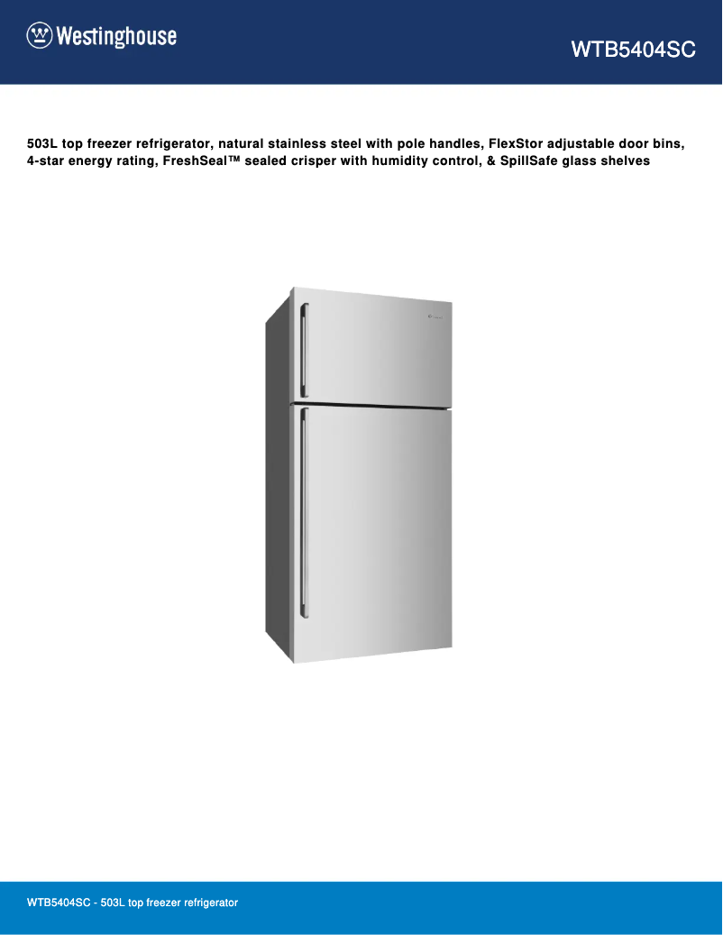 Página 1 del manual Ficha técnica Westinghouse WTB5404SC