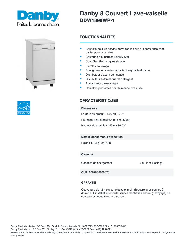 Página 1 del manual Ficha técnica Danby DDW1899WP-1
