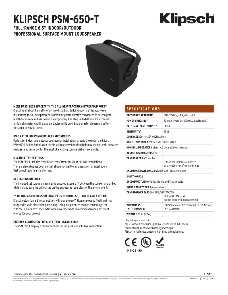 Página 1 del manual Ficha técnica Klipsch PSM-650-T