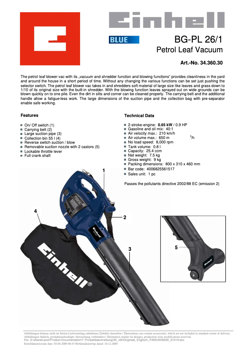 Página 1 del manual Ficha técnica Einhell BG-PL 26/1