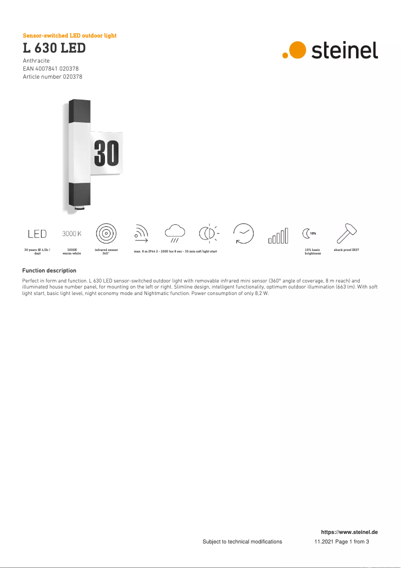 Página 1 del manual Ficha técnica Steinel L 630 LED