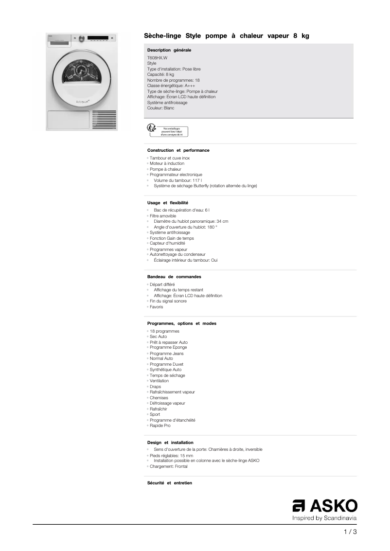 Página 1 del manual Ficha técnica Asko T608HX.W