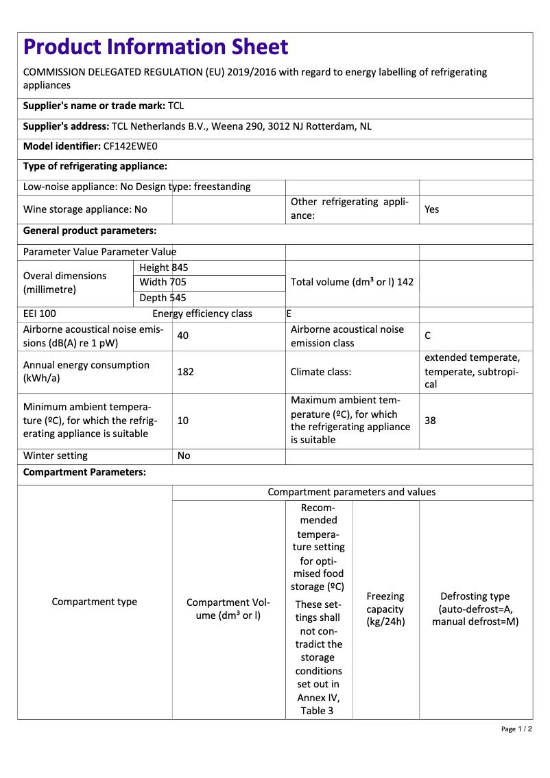Página nº 1 - Ficha técnica TCL CF142EWE0