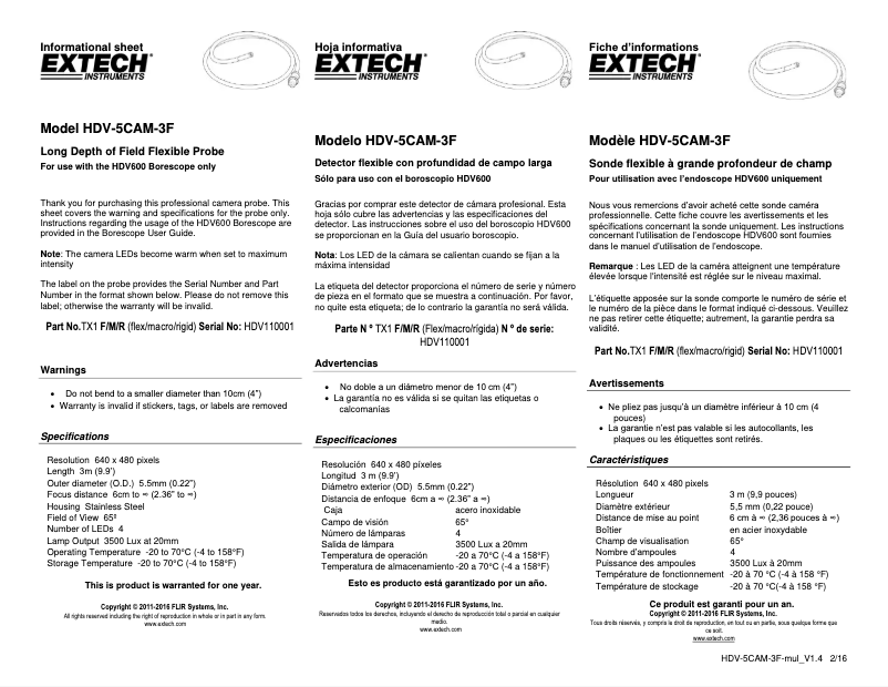 Página nº 1 - Manual de usuario Extech HDV-5CAM-3F