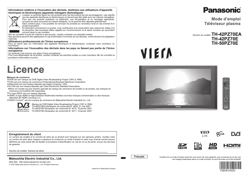 Imagen de la primera página del manual del dispositivo Viera TH-42PZ70E
