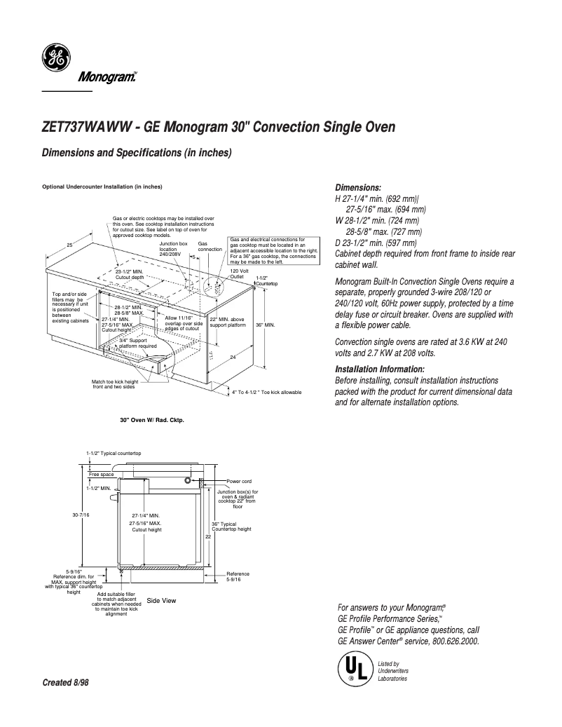 Página 1 del manual Ficha técnica GE ZET737WAWW