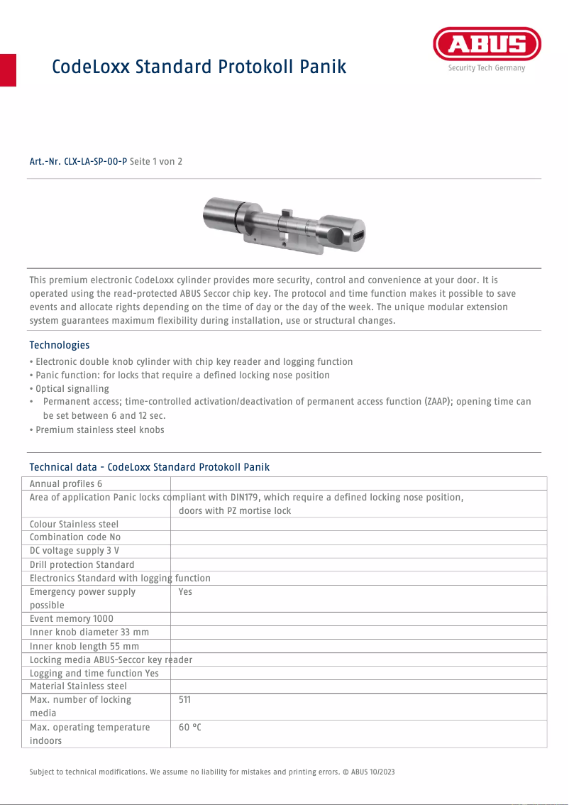 Página 1 del manual Ficha técnica Abus CLX-LA-SP-00-P