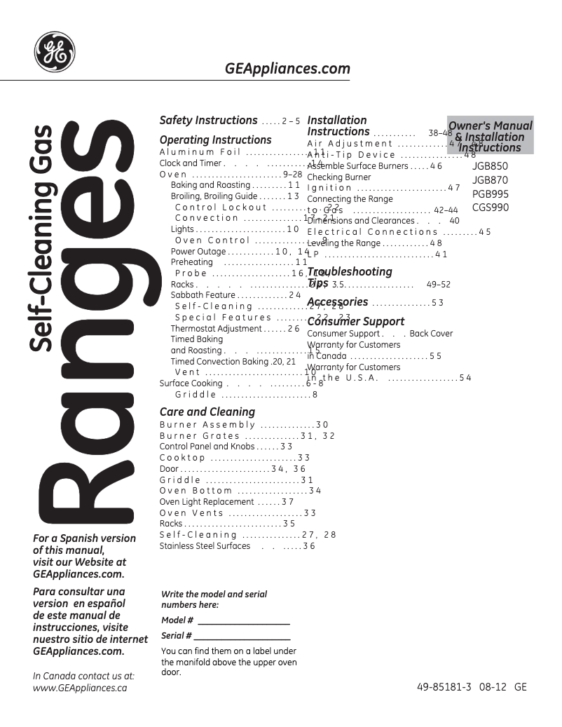 Imagen de la primera página del manual del dispositivo JGB870DETBB