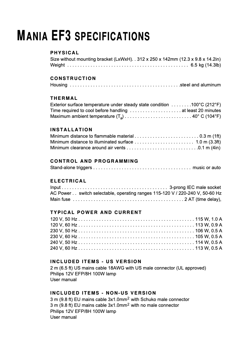 Página 1 del manual Ficha técnica Martin Mania EF3