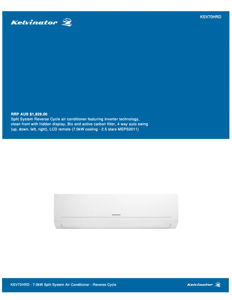 Página 1 del manual Ficha técnica Kelvinator KSV70HRD