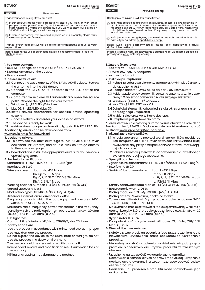 Página 1 del manual Manual de usuario Savio AK-61