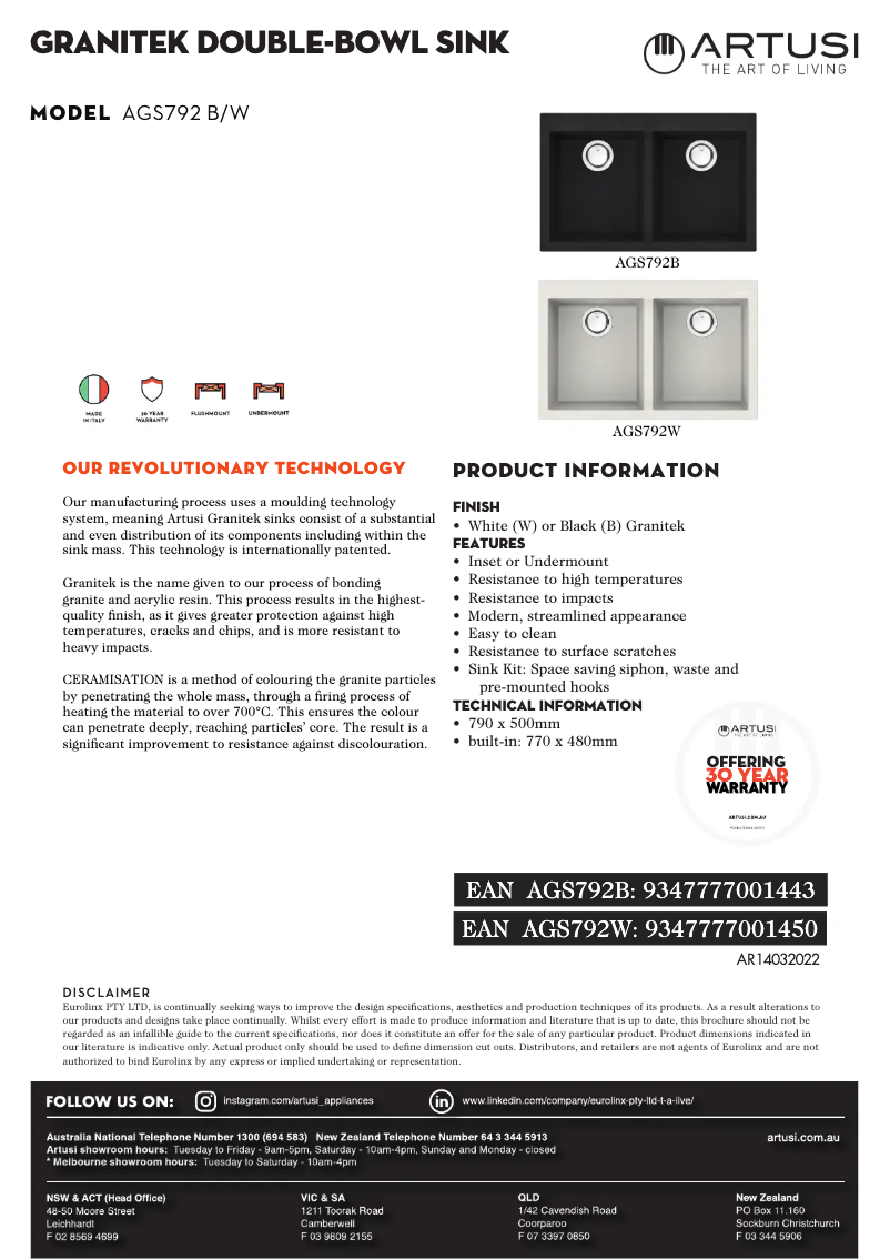 Página 1 del manual Ficha técnica Artusi AGS792W