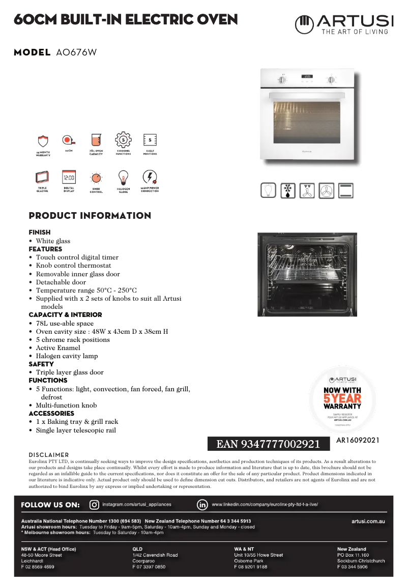 Página 1 del manual Ficha técnica Artusi AO676W