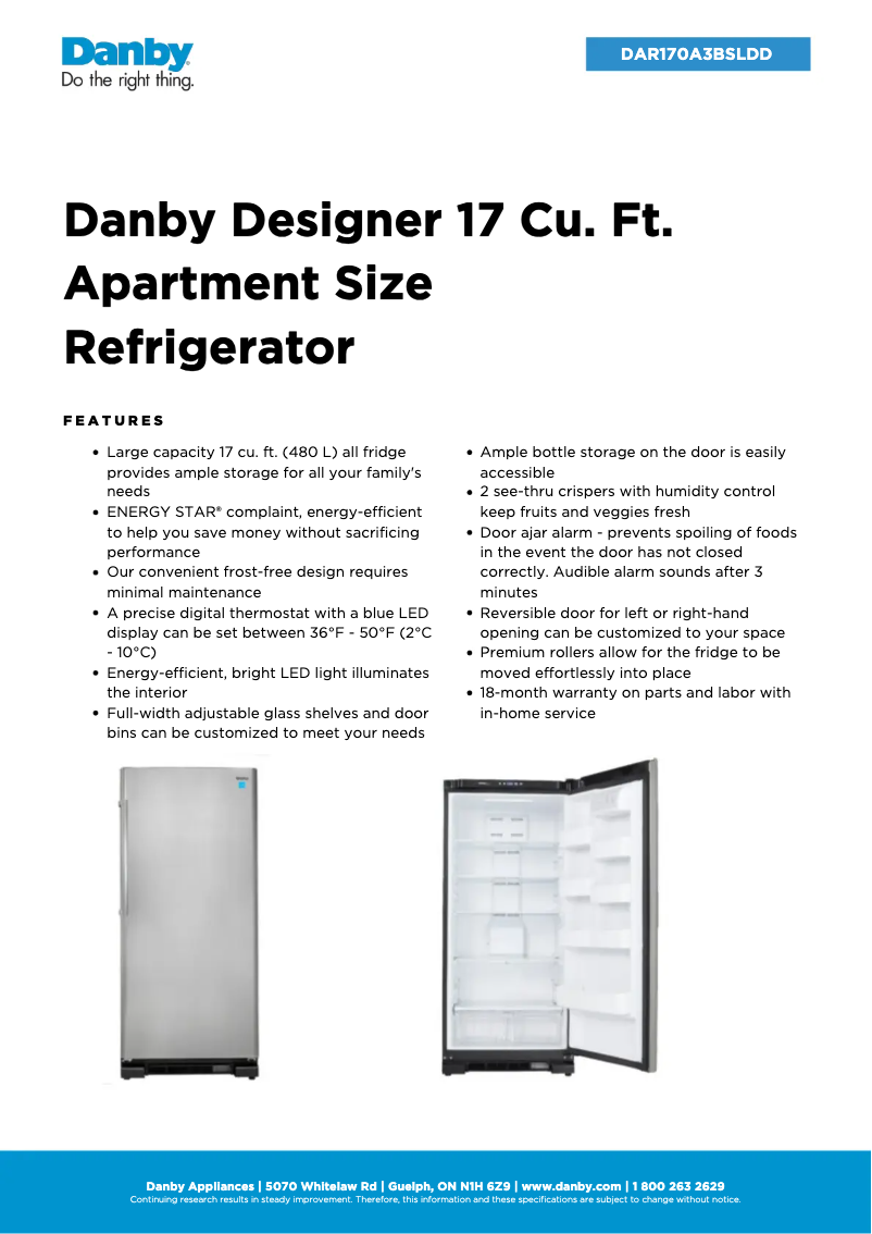 Página 1 del manual Ficha técnica Danby DAR170A3BSLDD