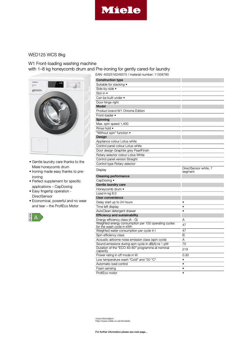 Página 1 del manual Ficha técnica Miele WED 125 WCS 8kg