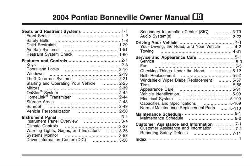 Página 1 del manual Manual de usuario Pontiac Bonneville (1999)