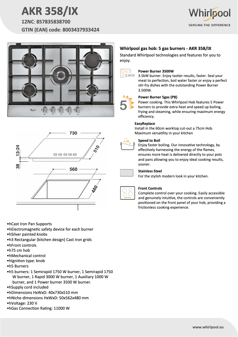 Página 1 del manual Ficha técnica Whirlpool AKR 358/IX