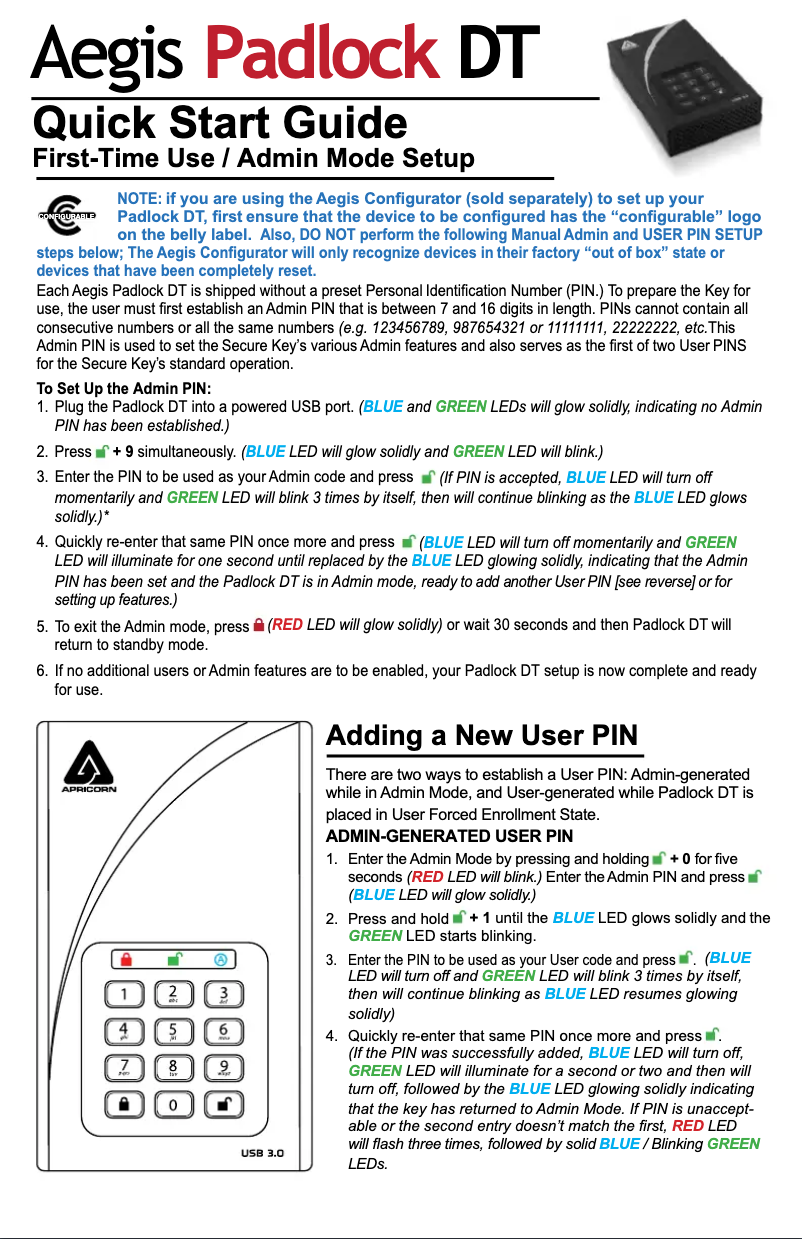 Imagen de la primera página del manual del dispositivo Aegis Padlock DT