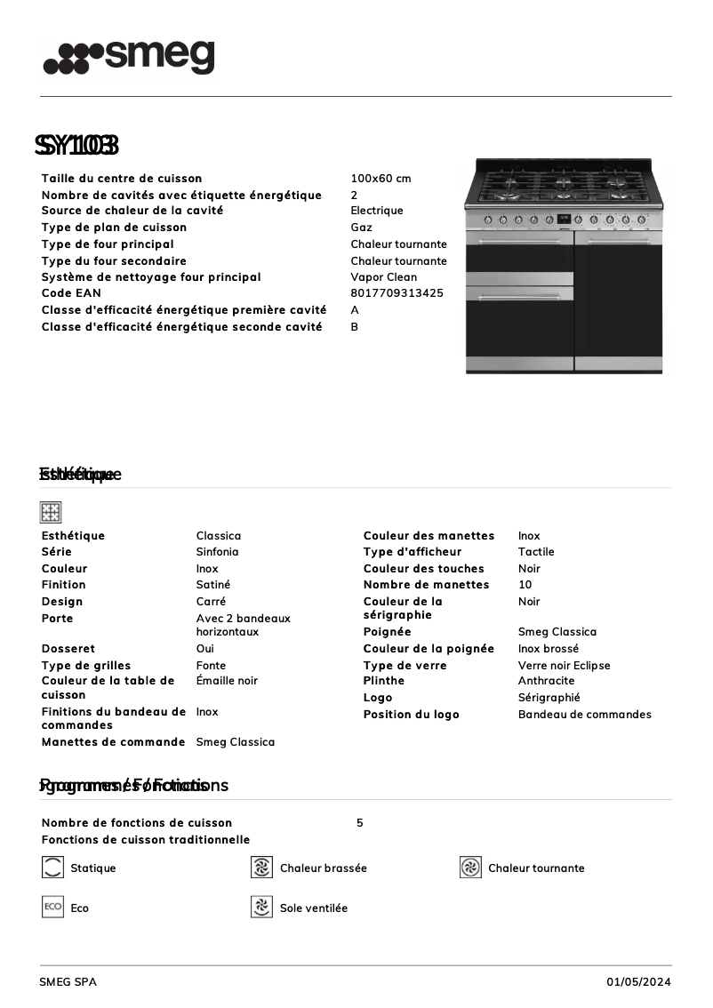 Página 1 del manual Ficha técnica Smeg SY103